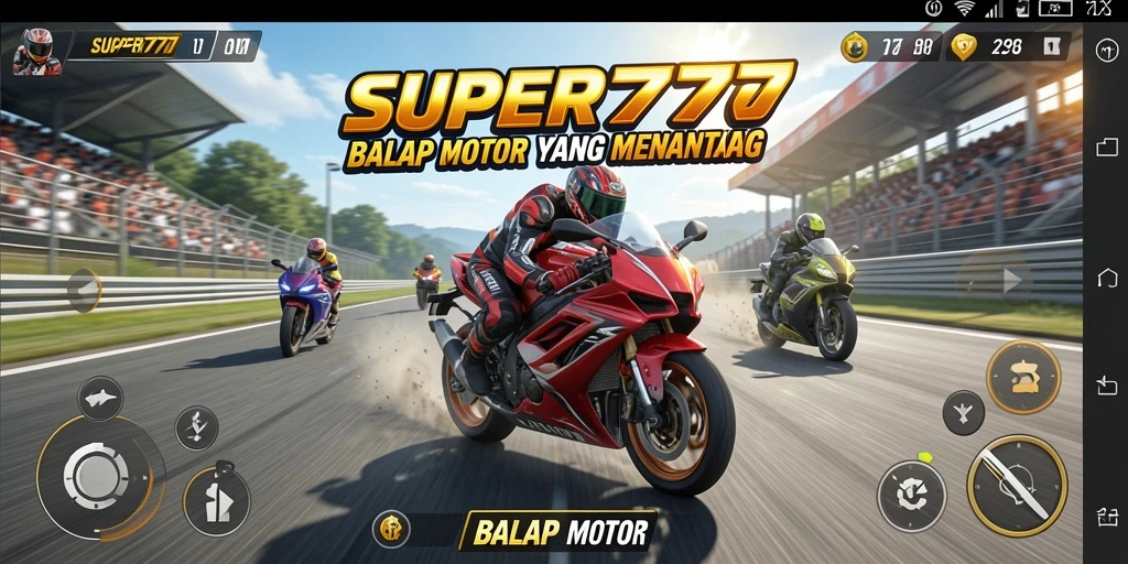 Antarmuka grafis <strong>SUPER777</strong> yang menggambarkan kompetisi balap motor yang seru.