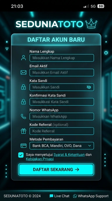 Tampilan halaman daftar seduniatoto